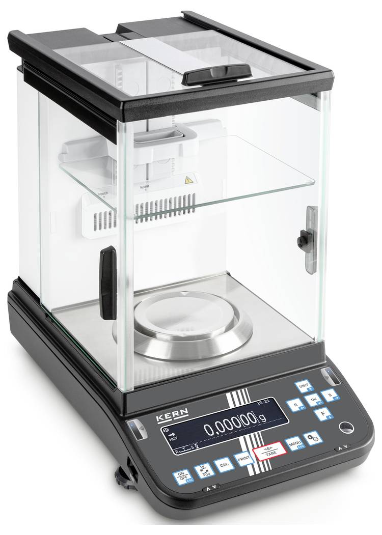 Elektronische Präzisionswaage mit digitalem Display zeigt '0,00000 g'. Verwendet für genaue Gewichtsmessungen in Laboren.