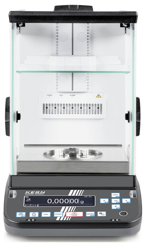 Präzisionswaage mit digitalem Display, zeigt '0,00000 g'. Eingeschlossen in einem Schutzgehäuse aus Glas mit Bedientasten an der Vorderseite.
