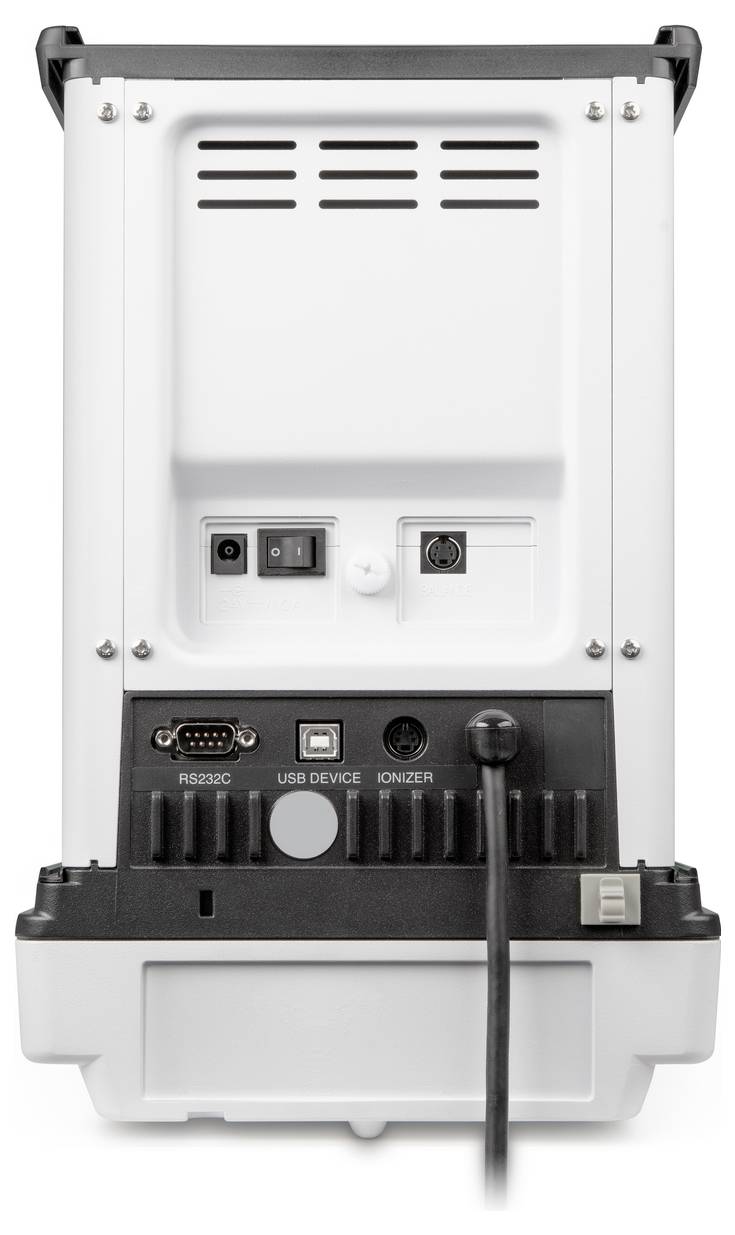 Ein weißes elektronisches Gerät von hinten, mit mehreren Anschlüssen unten und Lüftungsschlitzen oben.