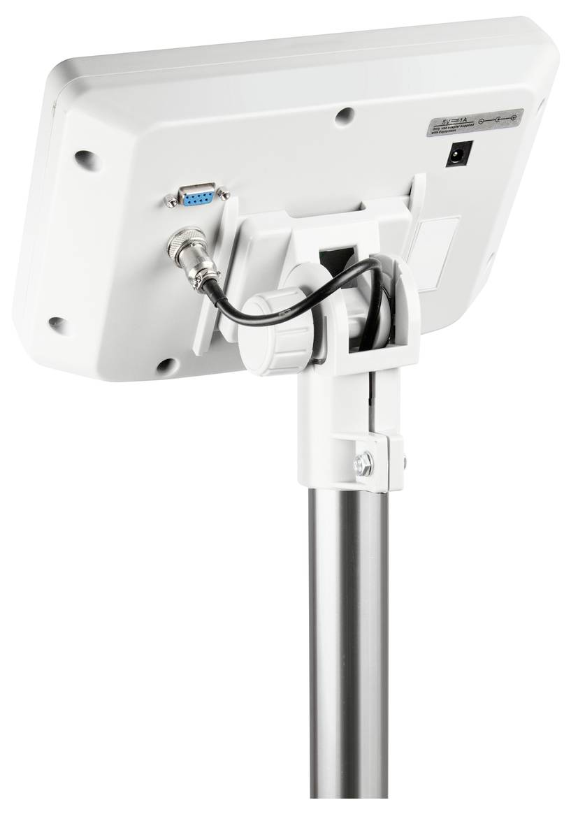 Ein weißer, rechteckiger Monitor ist auf einem Metallständer montiert. Auf der Rückseite sind ein Kabel und mehrere Anschlüsse sichtbar.