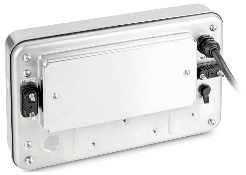 Ein silbernes, rechteckiges Metallgerät mit mehreren Anschlussmöglichkeiten auf der Rückseite, inklusive Kabelanschluss und Befestigungspunkten.