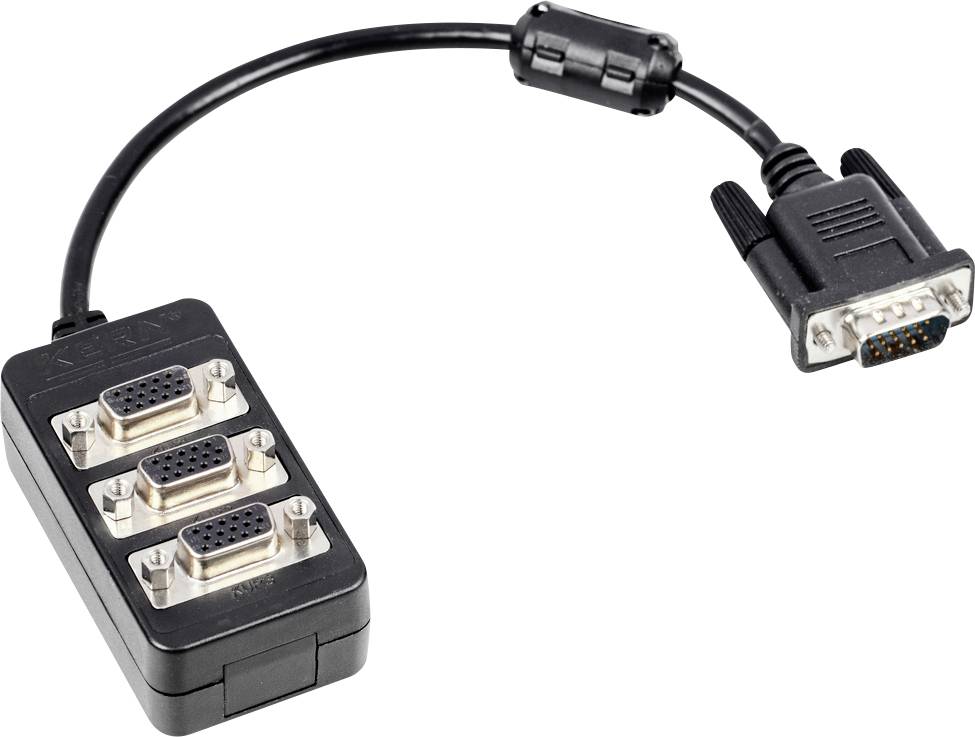 Ein VGA-Y-Kabeladapter mit einem Stecker und drei Buchsen, der das Anschluss eines Monitors an mehrere Geräte ermöglicht.