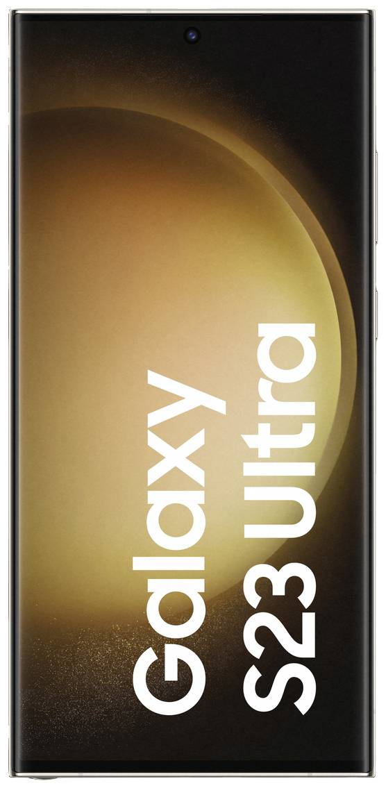 Smartphone mit großem Bildschirm, auf dem 'Galaxy S23 Ultra' steht. Hintergrund zeigt einen warmen Farbverlauf.