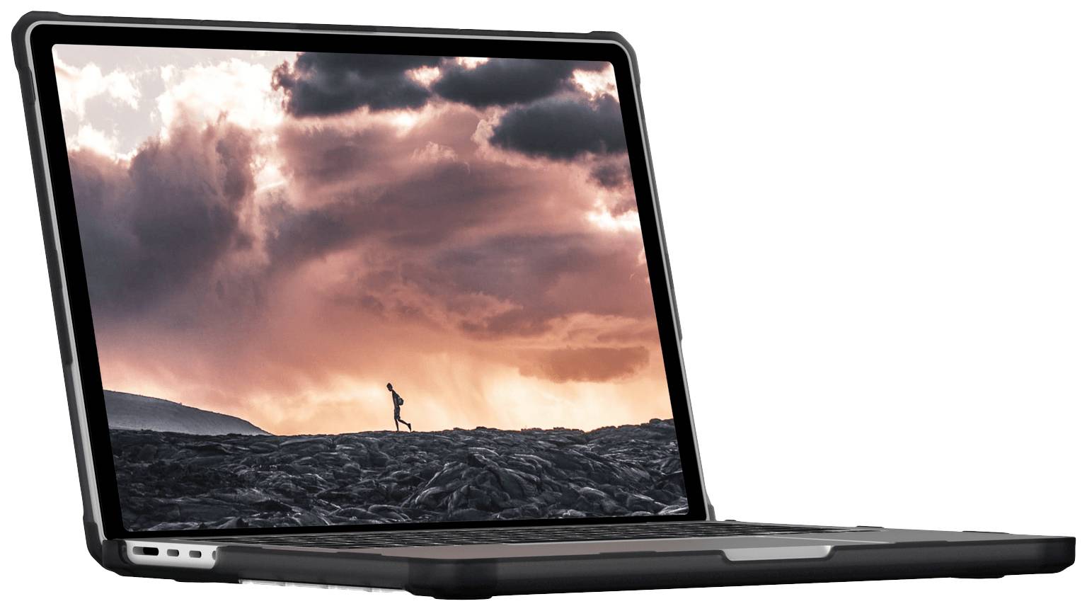 Ein geöffneter Laptop zeigt ein Display mit einem dramatischen Sonnenuntergang und einer kleinen Figur, die in einer weiten Landschaft läuft.