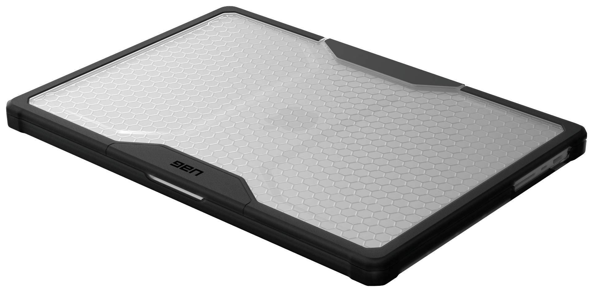 Schwarzes und silbernes Tablet mit sechseckigem Muster auf der Rückseite, liegend auf einer Oberfläche.