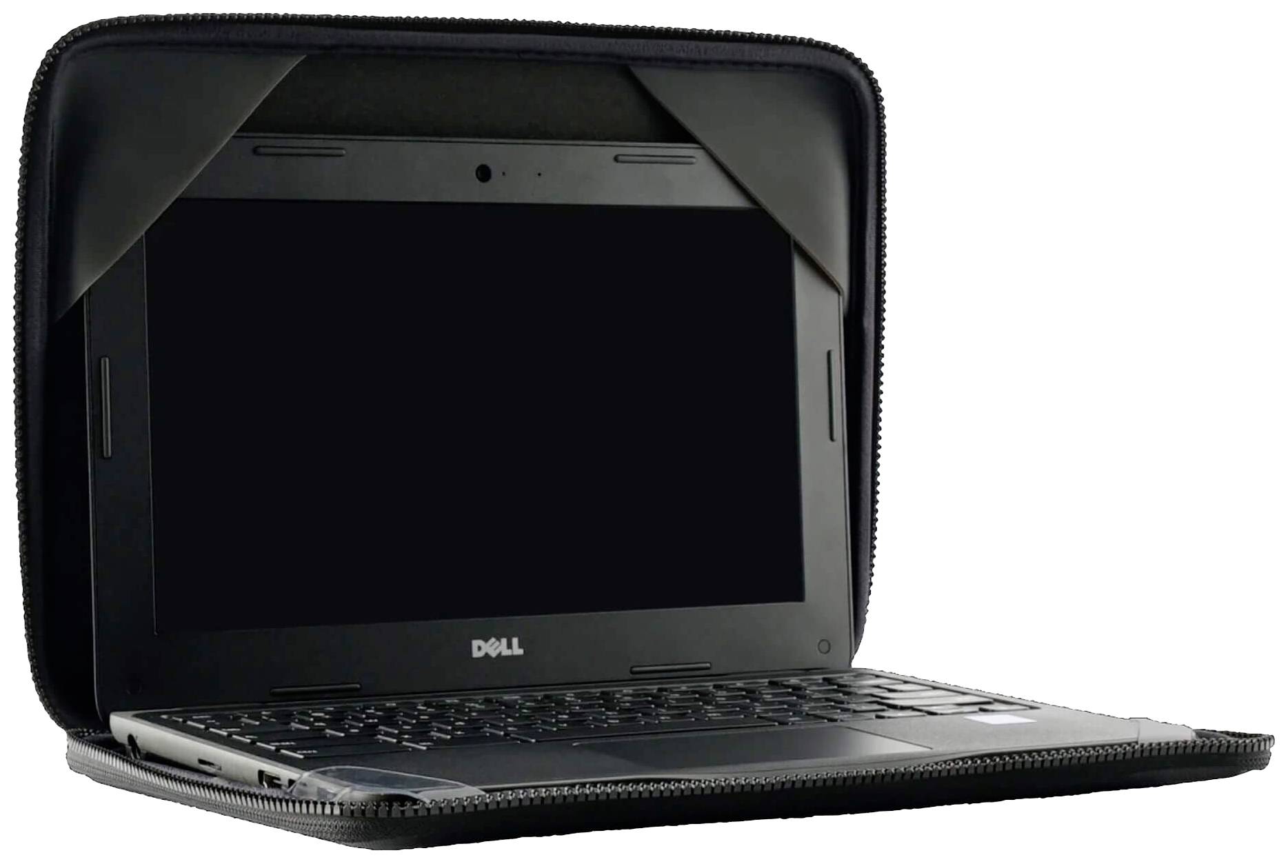 Ein Dell-Laptop in einer offenen schwarzen Schutzhülle. Der Bildschirm ist ausgeschaltet. Die Hülle ist teilweise um den Laptop herumgezogen.