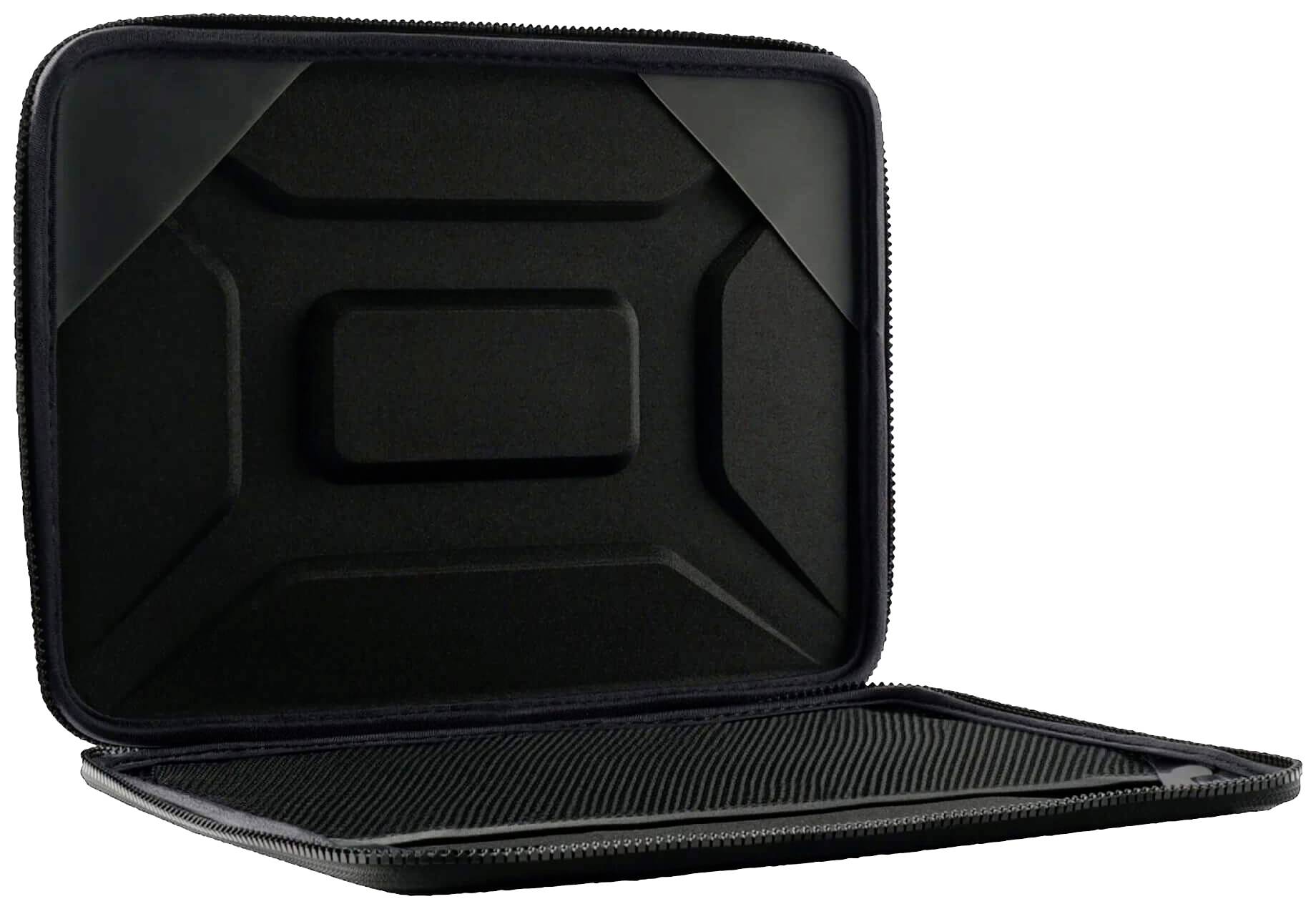 Geöffnete schwarze Laptop-Schutzhülle aus hartem Material.