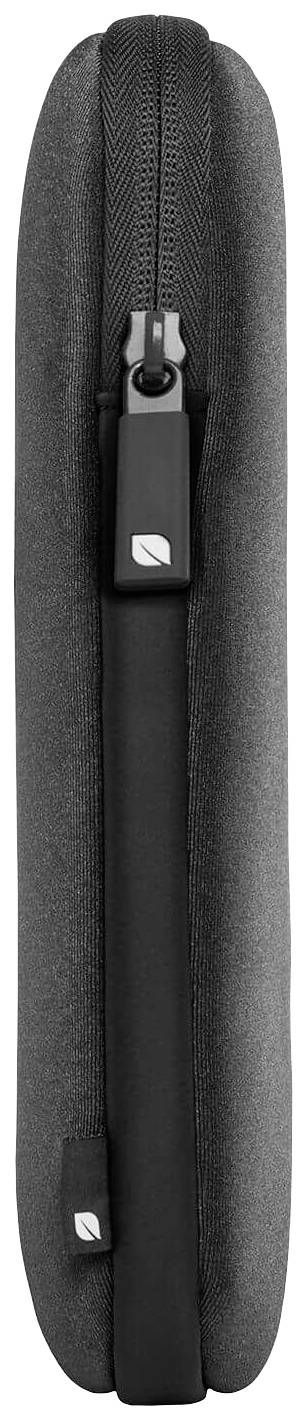 Graue, schlanke Schutzhülle mit Reißverschluss, seitliche Ansicht. Geeignet für den sicheren Transport von Laptops oder Tablets.