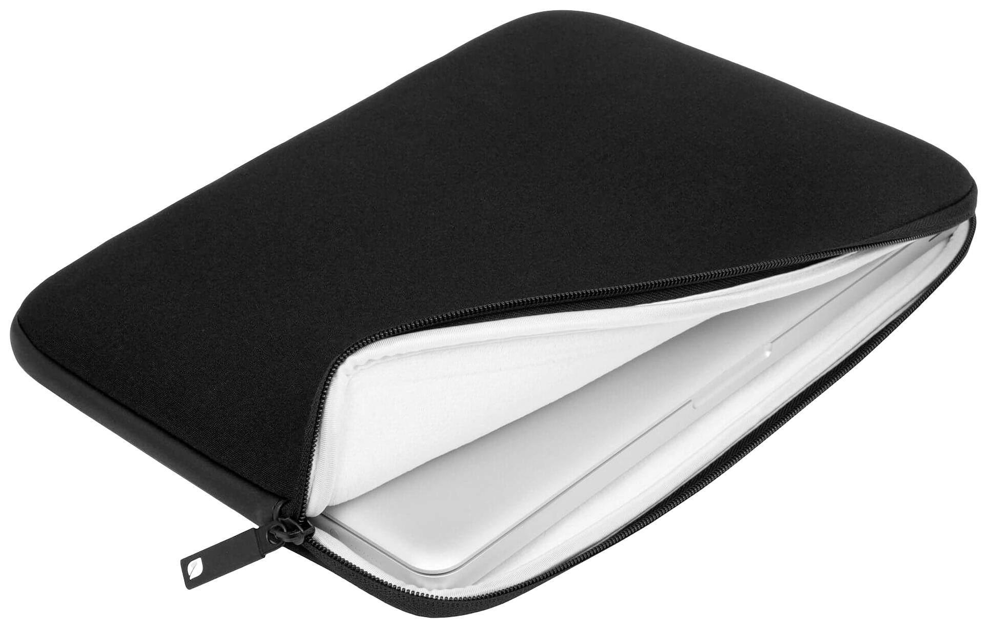 Eine schwarze Laptop-Hülle mit Reißverschluss, teilweise geöffnet, zeigt einen weißen Laptop im Inneren.