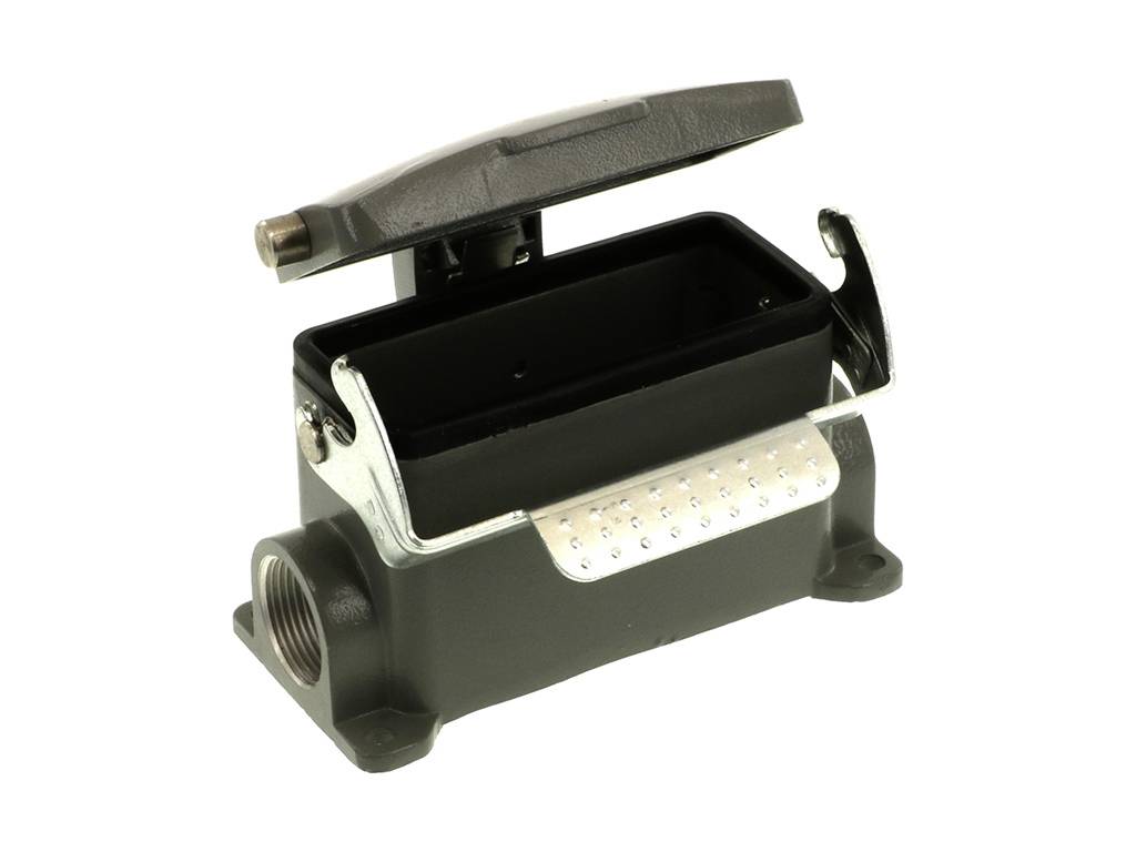 Ein rechteckiges schwarzes Gerät mit metallischen Klemmen und einem klappbaren Deckel, geeignet für elektrische Verbindungen.