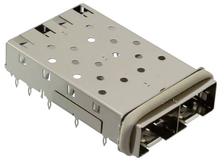 Eine graue rechteckige elektronische Komponente mit zahlreichen Metallstiften, wahrscheinlich zur Verbindung in einem Gerät oder einer Leiterplatte verwendet.