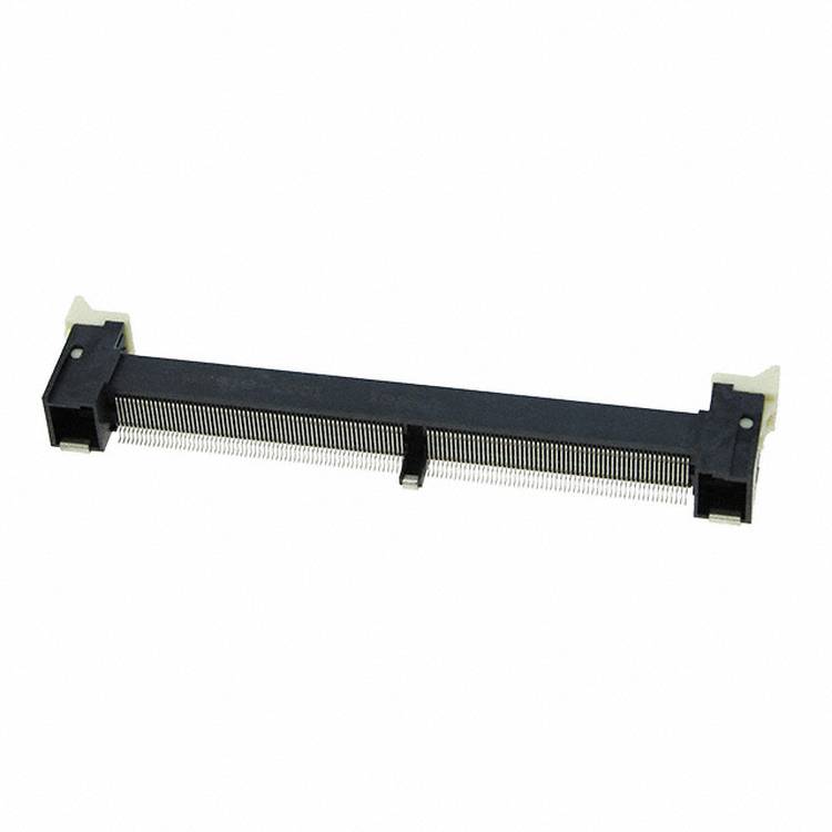 Ein schwarzer Leiterplattenverbinder mit mehreren Metallstiften und Kunststoffendstützen, entwickelt für die Elektronikbestückung oder -reparatur.
