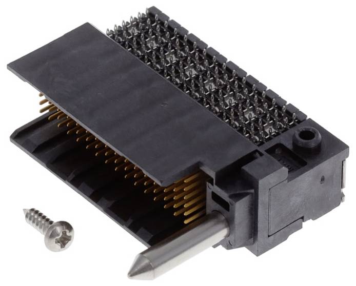 Ein Elektrostecker mit zahlreichen Metallstiften, der für Leiterplatten ausgelegt ist, ist mit einer kleinen Schraube daneben gepaart.