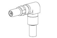 Eine technische Zeichnung eines rechtwinkligen Fittings mit gerilltem Schaft, geeignet für Verbindungszwecke in Rohrleitungssystemen.