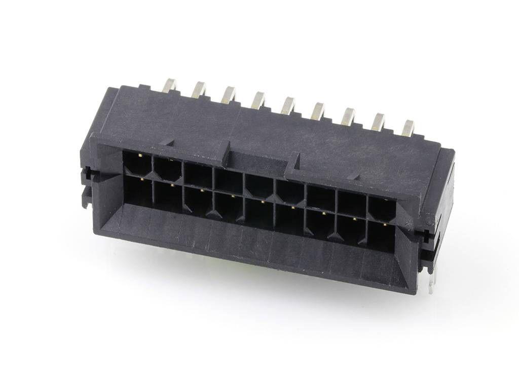 Ein schwarzer, rechteckiger elektrischer Stecker mit mehreren Metallpins zur Verbindung von elektrischen Geräten oder Komponenten.