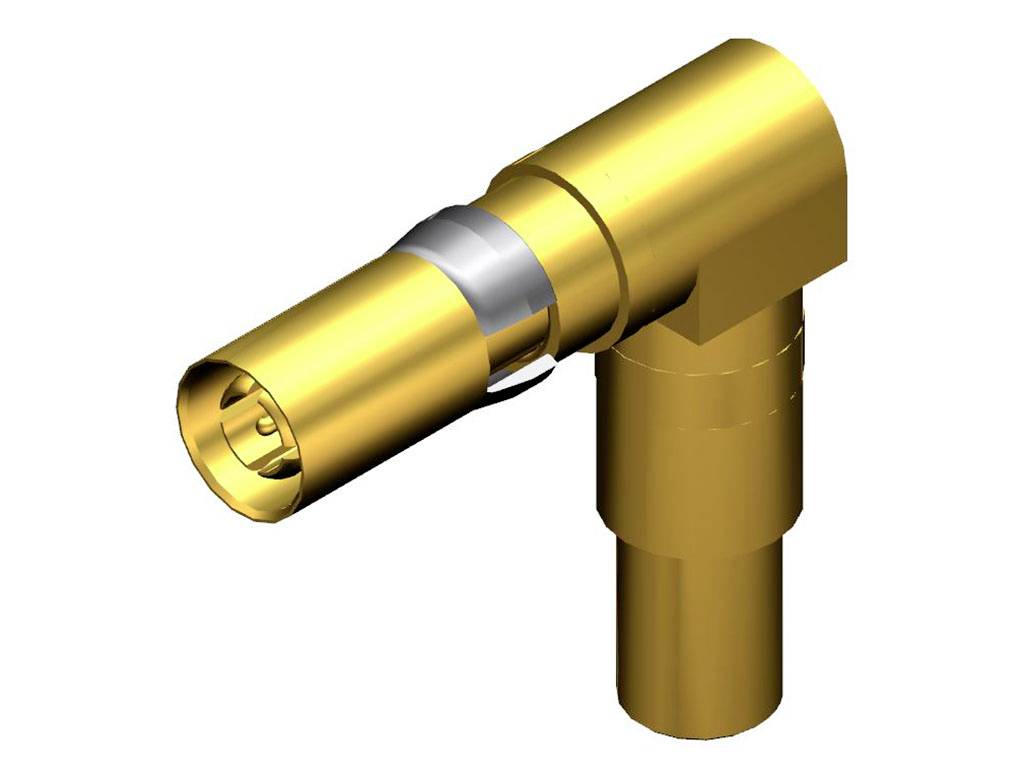 Verbindungsstecker aus Metall in L-Form, hauptsächlich goldfarben mit silbernem Ring, technische Darstellung.