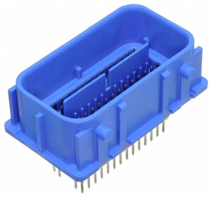 Ein rechteckiger blauer Kunststoffstecker mit mehreren Metallstiften, der für elektronische Schaltungsverbindungen verwendet wird.