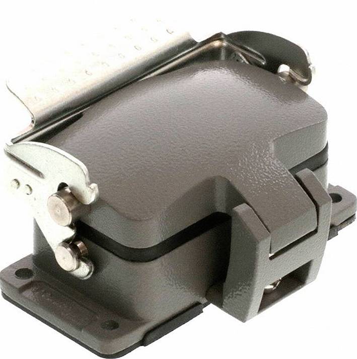 Kompaktes schwarzes Elektroverbindergehäuse mit Metallverriegelung und Montagebasis, auf weißem Hintergrund dargestellt.