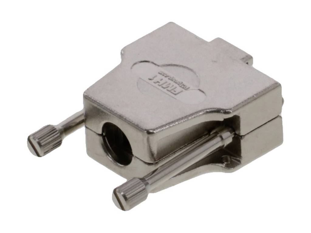 Metallisches D-Sub-Gehäuse mit Schrauben, zur sicheren Verbindung von Steckverbindern in elektronischen Anwendungen.