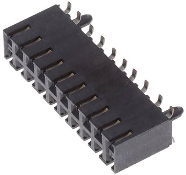 Ein schwarzer Elektrostecker mit mehreren parallel angeordneten Stiften in zwei Reihen, der zur Integration in Leiterplatten konzipiert ist.