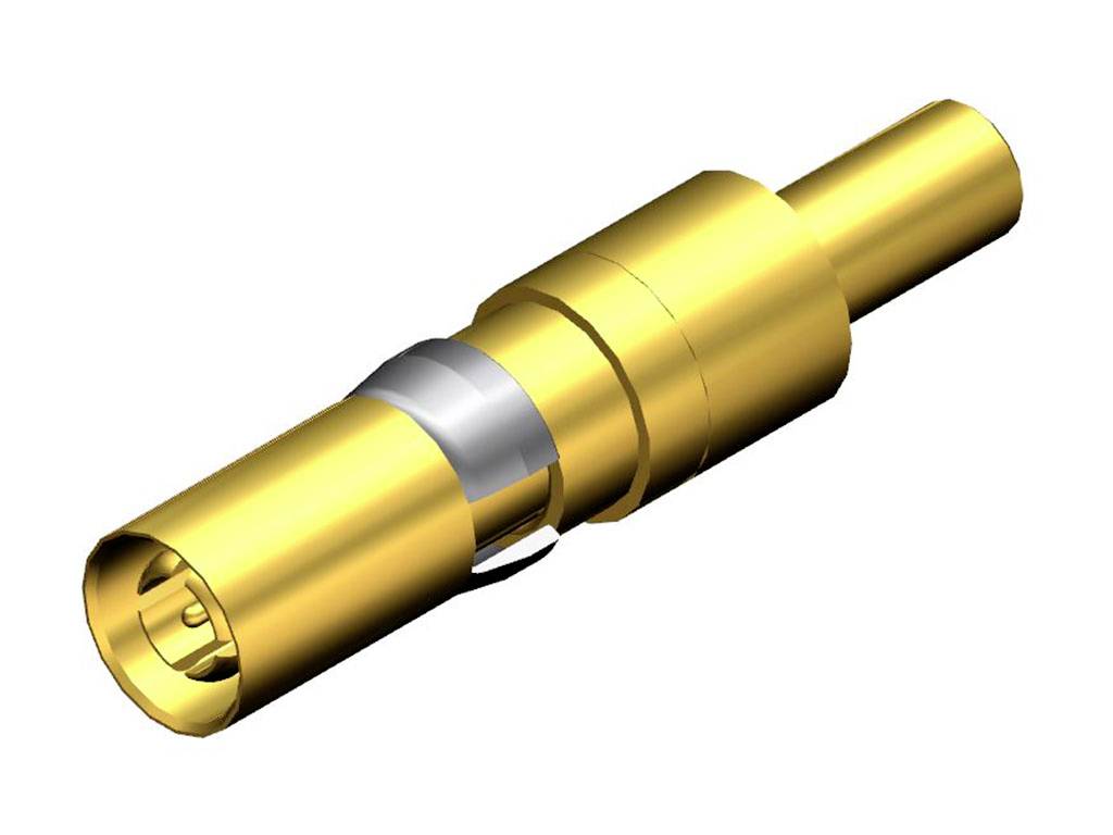 Ein goldfarbener, zylindrischer Metallstecker mit mehreren Ringen und Kerben, möglicherweise ein elektrischer Verbinder.