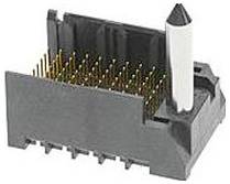 Eine rechteckige elektronische Komponente mit mehreren goldenen Stiften und einem hervorstehenden weißen und schwarzen Teil, wahrscheinlich ein Stecker oder Adapter.