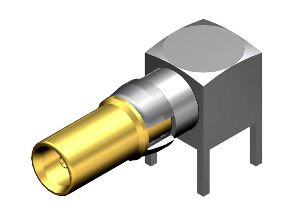 Ein rechteckiger, metallisch-silberner Stecker mit einem goldenen zylindrischen Anschluss, der aufrecht steht.
