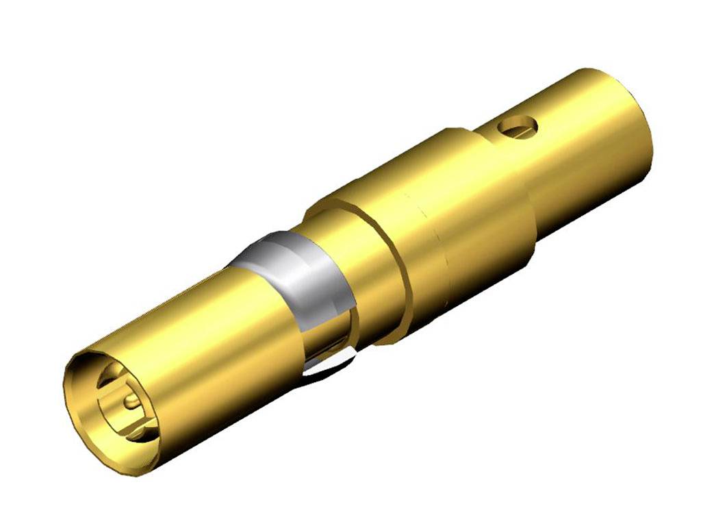 Goldenes, zylindrisches Steckverbinder mit mehreren Segmenten, geeignet für elektrische Verbindungen, mit einem Metalleinsatz.