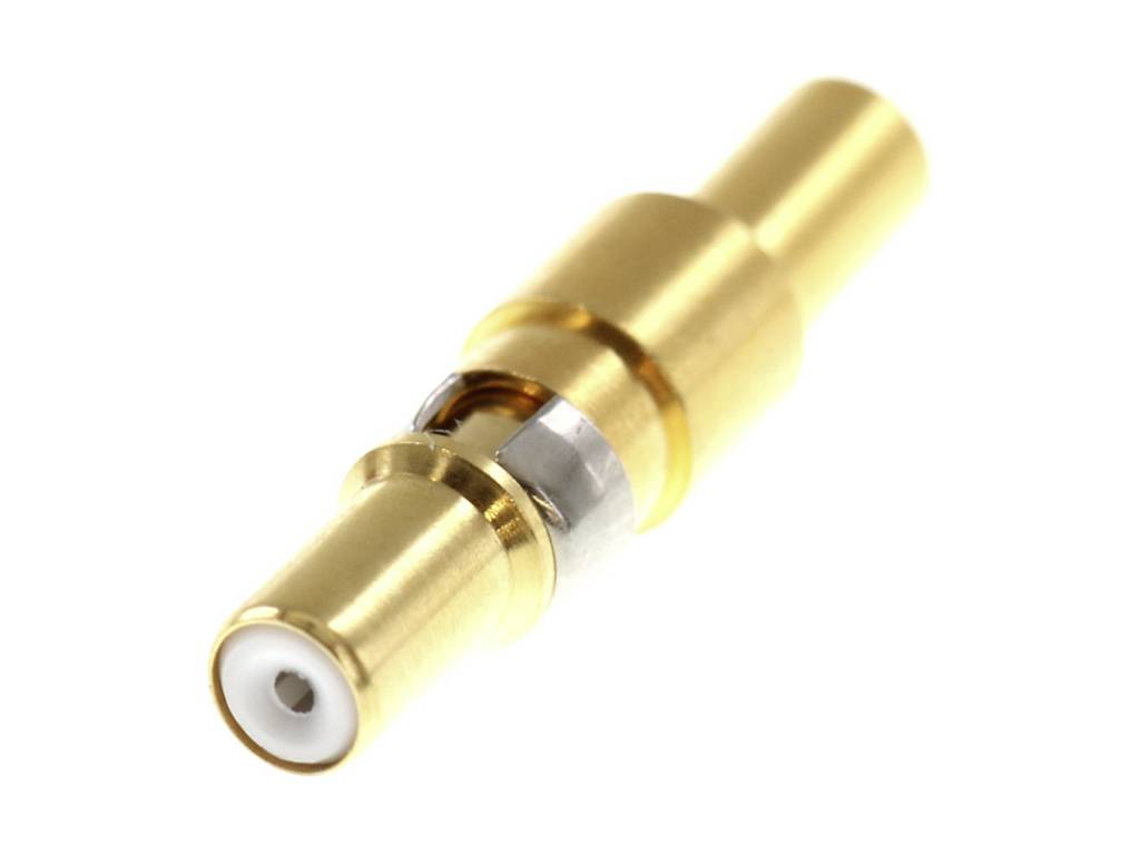 Ein goldener HF-Koaxialsteckverbinder mit polierter Oberfläche, der in technischen Anwendungen zur Übertragung von Signalen verwendet wird.