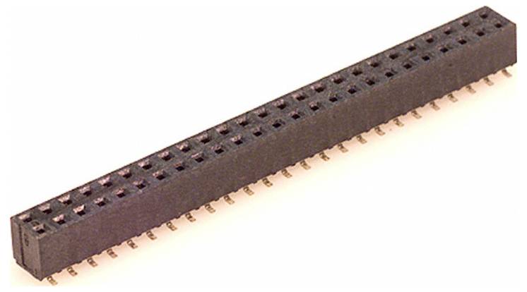 40-poliger weiblicher Steckerleisten-Sockel für elektronische Schaltkreise, Schrägansicht mit Reihen quadratischer Löcher zum Anschluss von Stiften.