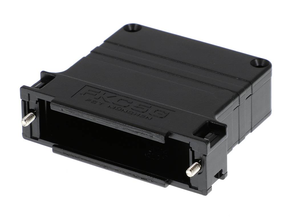 Ein schwarzes, rechteckiges elektronisches Bauteil mit Befestigungsschrauben, das als Stecker oder Gehäuse dient.