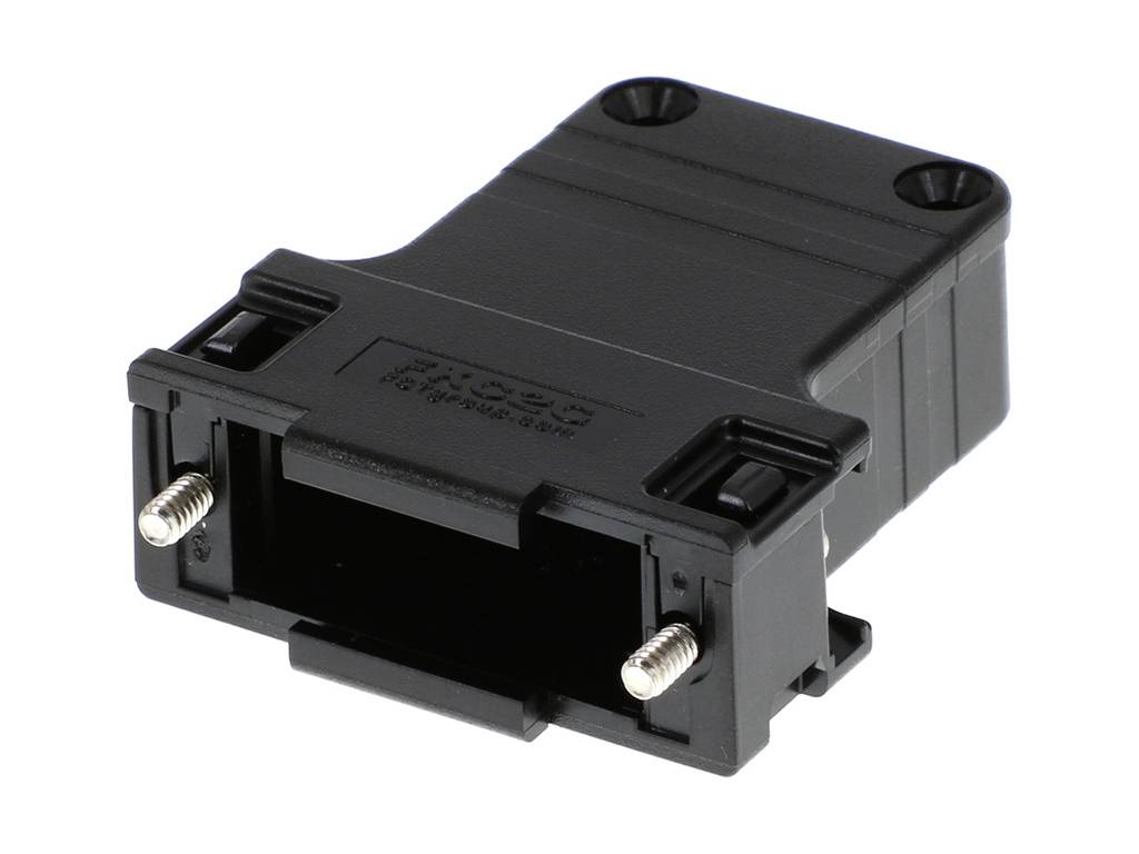 Ein schwarzer Kunststoff-Steckeradapter mit zwei Metallkontakten an der Vorderseite. Geeignet für technische Anwendungen.