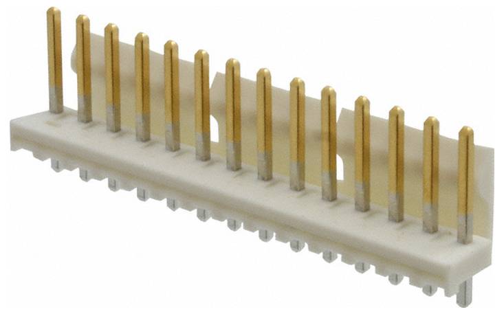 Ein einreihiger 17-poliger Stecker mit vergoldeten Kontakten, der auf einer weißen Kunststoffbasis montiert ist und für elektrische Verbindungen auf Leiterplatten verwendet wird.