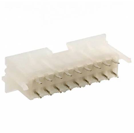 Ein weißer, mehrpoliger elektronischer Stecker mit mehreren Metallkontakten, die in Reihen angeordnet sind und zum Verbinden von Leiterplatten verwendet werden.