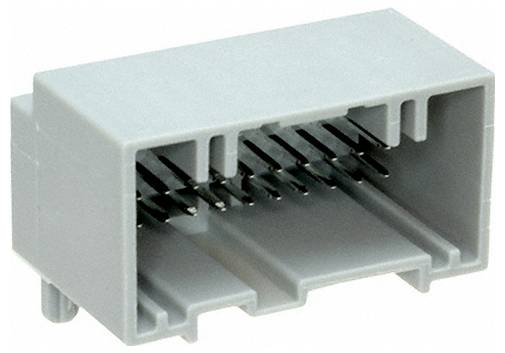 Ein grauer Kunststoff-Rechteckstecker mit mehreren Metallkontakten im Inneren, der für elektronische Verbindungen verwendet wird.