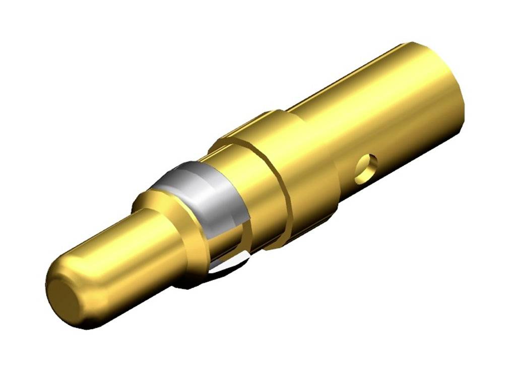 Goldener Elektronik-Stecker, zylindrische Form, mit silbernem Ring in der Mitte. Geeignet für Verkabelungen und elektronische Verbindungen.