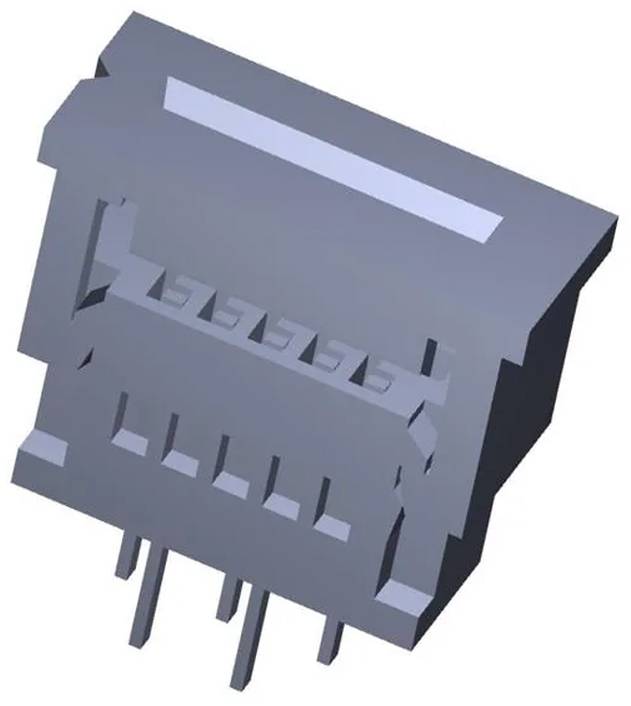 3D-Modell eines grauen elektronischen Steckers mit mehreren Stiften, weist eine rechteckige Form und aufwendige Designelemente auf.