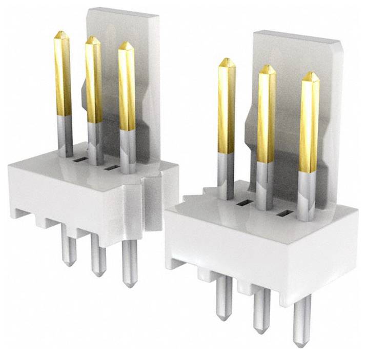 Zwei weiße und graue elektronische Stecker mit je vier Goldstiften, dargestellt aus verschiedenen Winkeln.