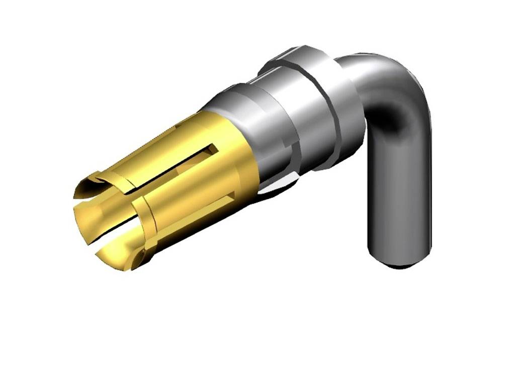 3D-Darstellung eines metallischen Steckverbinders, bestehend aus einem silbernen gebogenen Rohr und einem goldenen zylindrischen Ende.
