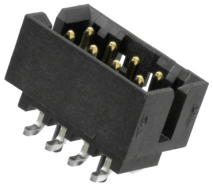 Ein schwarzer 6-poliger Stecker mit Metallkontakten und vergoldeten Stiften, entwickelt für die PCB-Montage und elektronische Schaltungsverbindungen.