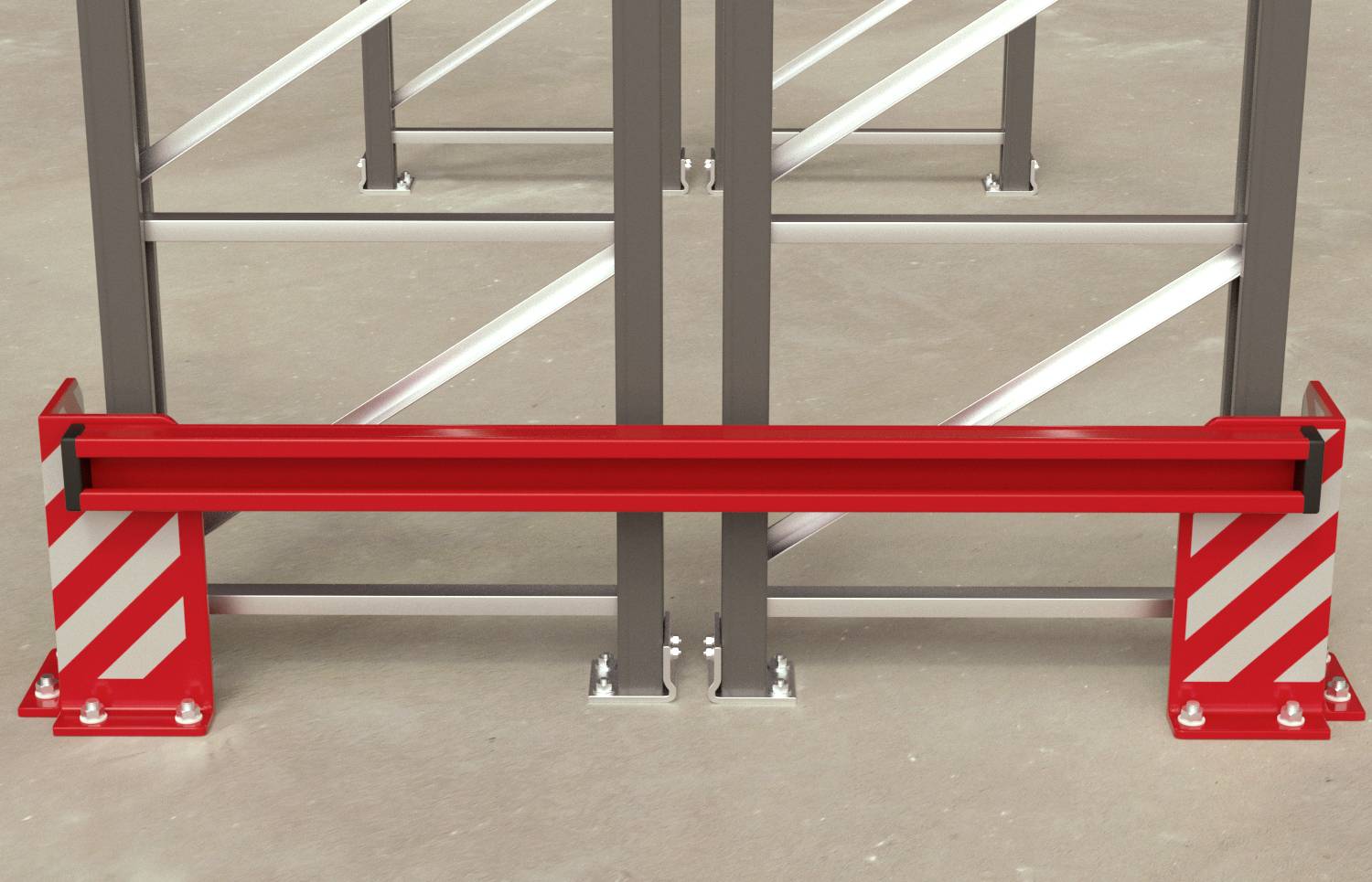 Ein roter Rammschutz aus Metall schützt eine Lagereinrichtung. Er ist mit schrägen weißen Streifen markiert und befestigt.