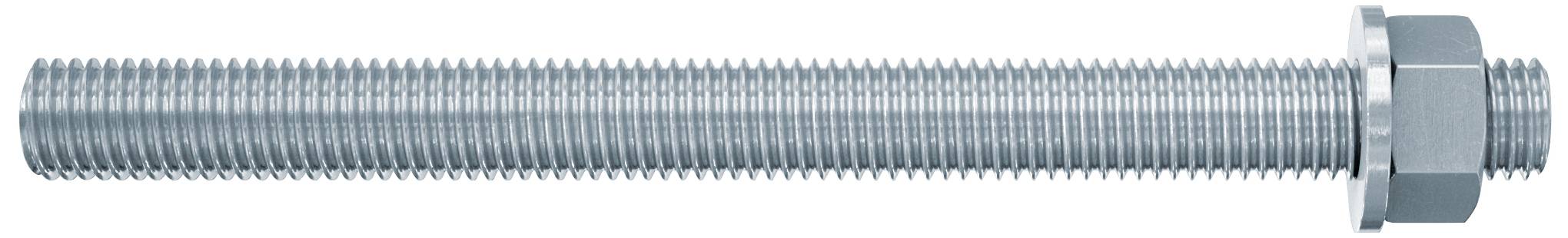 Metallischer Gewindestab mit aufgeschraubter Sechskantmutter, horizontal ausgerichtet. Ideal für Bau- oder Befestigungsanwendungen.