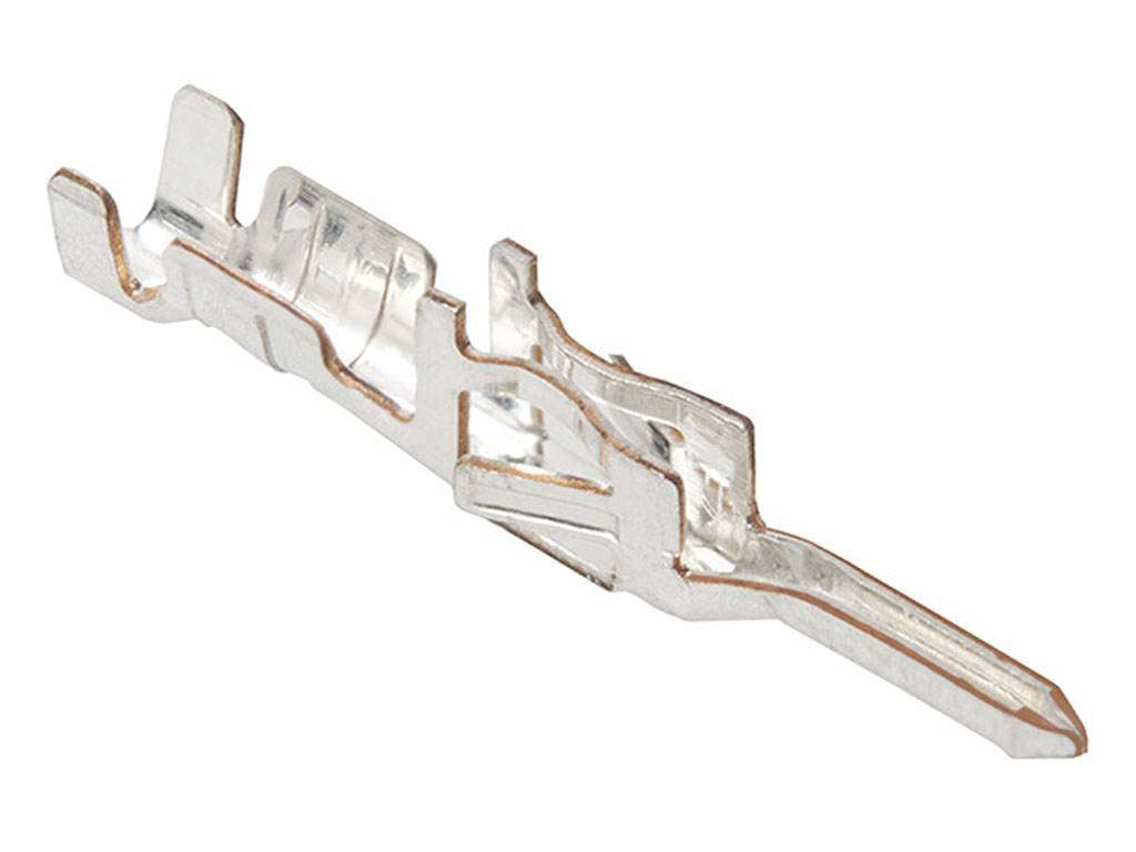 Ein metallener Kontaktstift (Kabelcrimp) mit mehreren gebogenen Laschen, verwendet zum Befestigen von Kabeln in elektrischen Steckern.