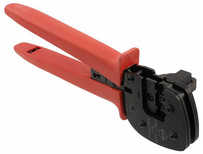 Rot-griff-Crimpzange mit schwarzer Metallbacke, verwendet zum Befestigen von Steckern an Kabeln.