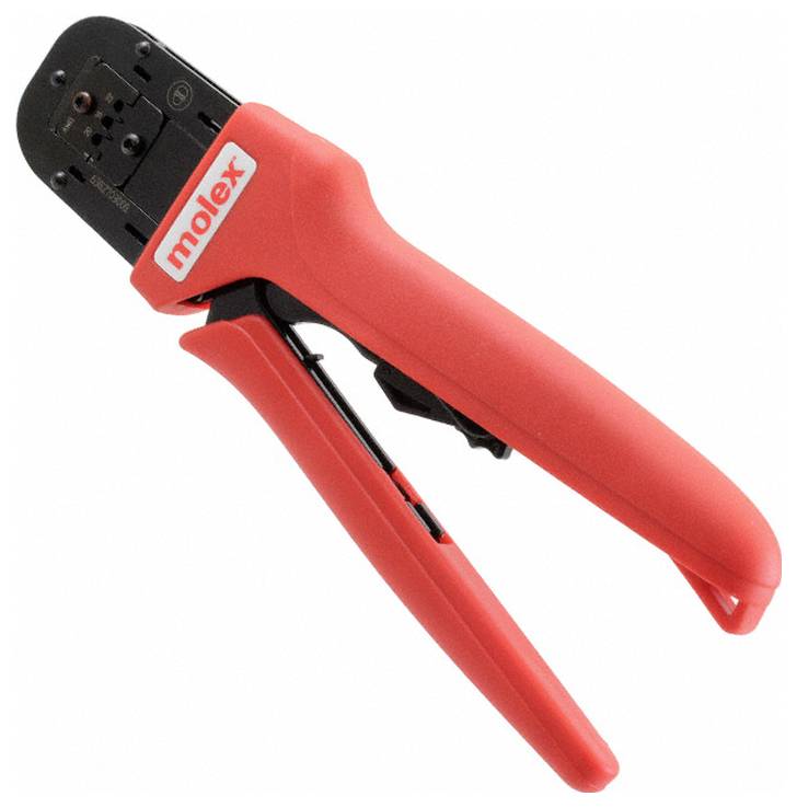 Ein rotes Molex-Crimpwerkzeug mit schwarzen Metallcrimpbacken zum Befestigen von Kabeln in Steckverbindern.