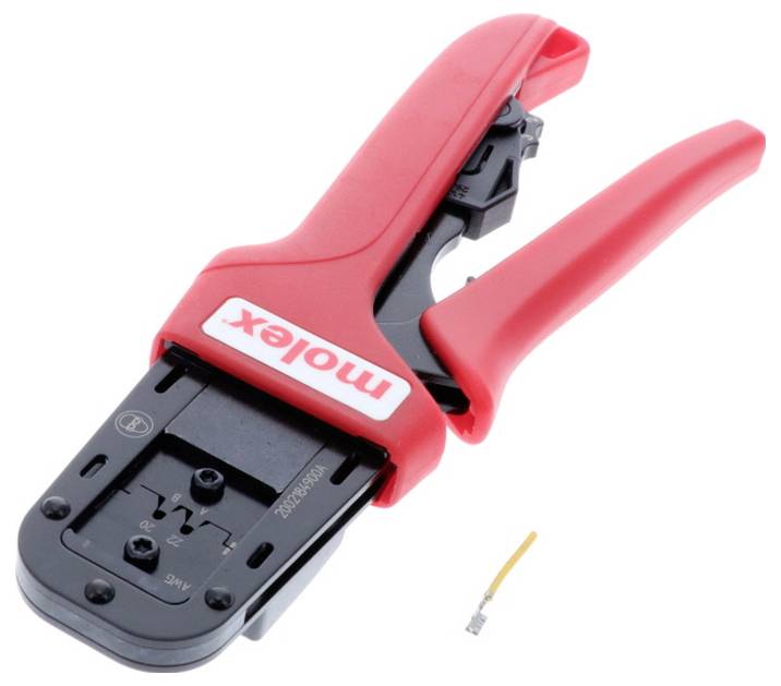 Bild eines roten Molex-Crimpwerkzeugs mit einem kleinen Draht und einem Terminal darunter, das zum Anbringen von Steckverbindern an Elektrokabeln verwendet wird.