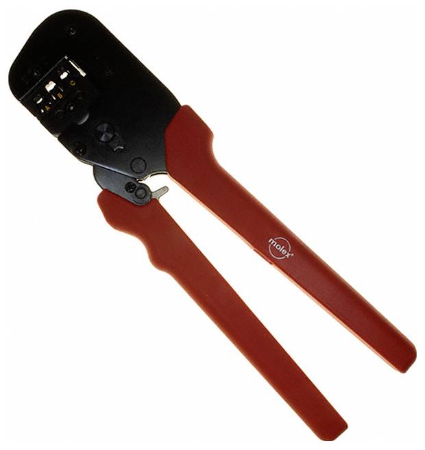 Ein Crimpwerkzeug mit roten Griffen und einem schwarzen Metallkopf, entwickelt zum Befestigen von Steckverbindern an Drähten; wird in elektronischen Projekten verwendet.