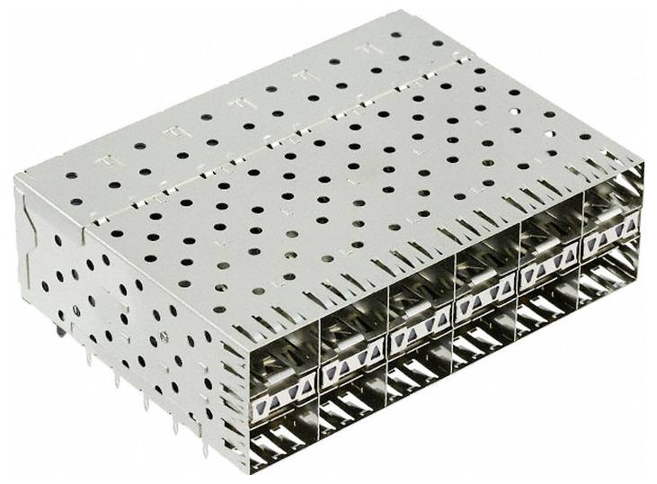 Eine metallische elektronische Komponente mit rechteckiger Form, die mehrere Schlitze und Perforationen auf der Oberfläche für Kühlung und Konnektivität aufweist.