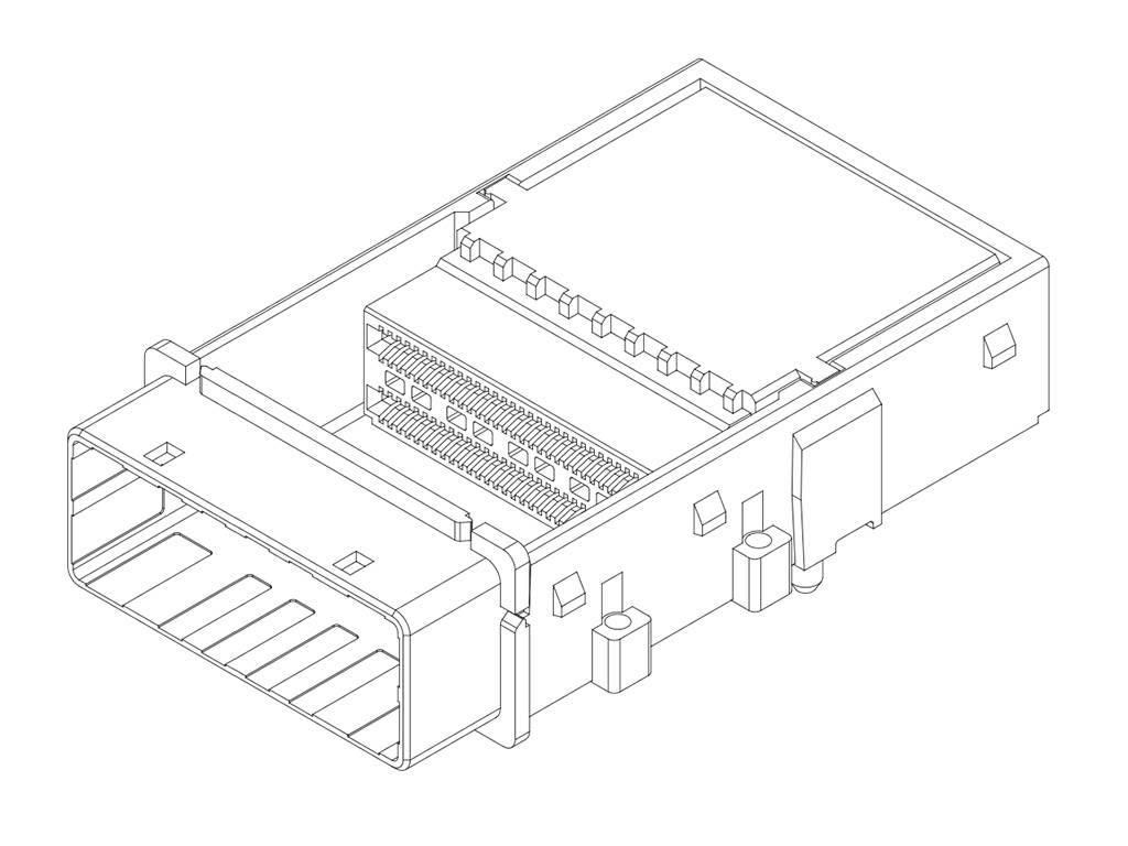 Strichzeichnung eines elektronischen Steckers mit rechteckiger Form und sichtbaren internen Kontakten. Verwendet für Datenübertragung.