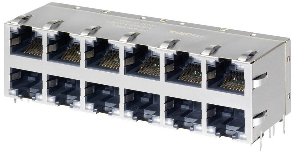 Metallisches Netzwerkanschlussmodul mit acht RJ45-Ports, genutzt in elektronischen Geräten zur Ethernet-Verbindung.